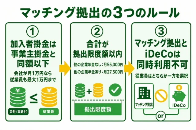 マッチング拠出の3つのルール:①加入者掛金は事業主掛金と同額以下(会社が月1万円なら従業員も最大1万円まで)、②合計が拠出限度額以内(他の企業年金なし月55,000円・他の企業年金あり月27,500円)、③マッチング拠出とiDeCoは同時利用不可(従業員はどちらか一方を選択)