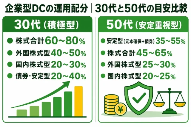 企業型DCの運用配分|30代(積極型:株式合計60〜80%)と50代(安定重視型:安定型35〜55%)の目安比較図