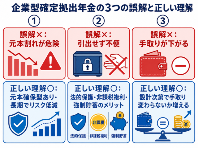 企業型確定拠出年金の3つの誤解と正しい理解:①元本割れが危険→元本確保型あり・長期でリスク低減、②引出せず不便→法的保護・非課税複利・強制貯蓄のメリット、③手取りが下がる→設計次第で手取り変わらないか増える