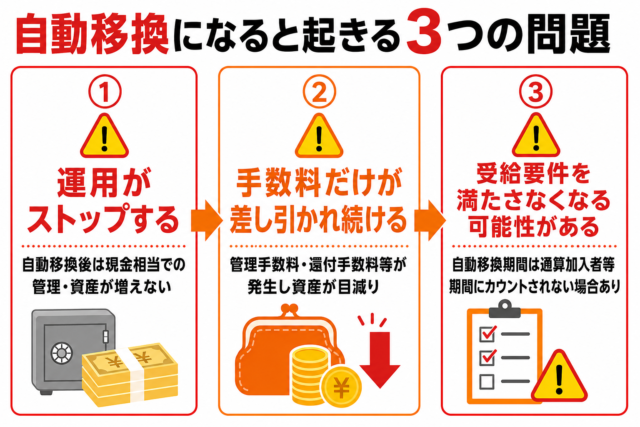 自動移換になると起きる3つの問題:①運用がストップする、②手数料だけが差し引かれ続ける、③受給要件を満たさなくなる可能性がある